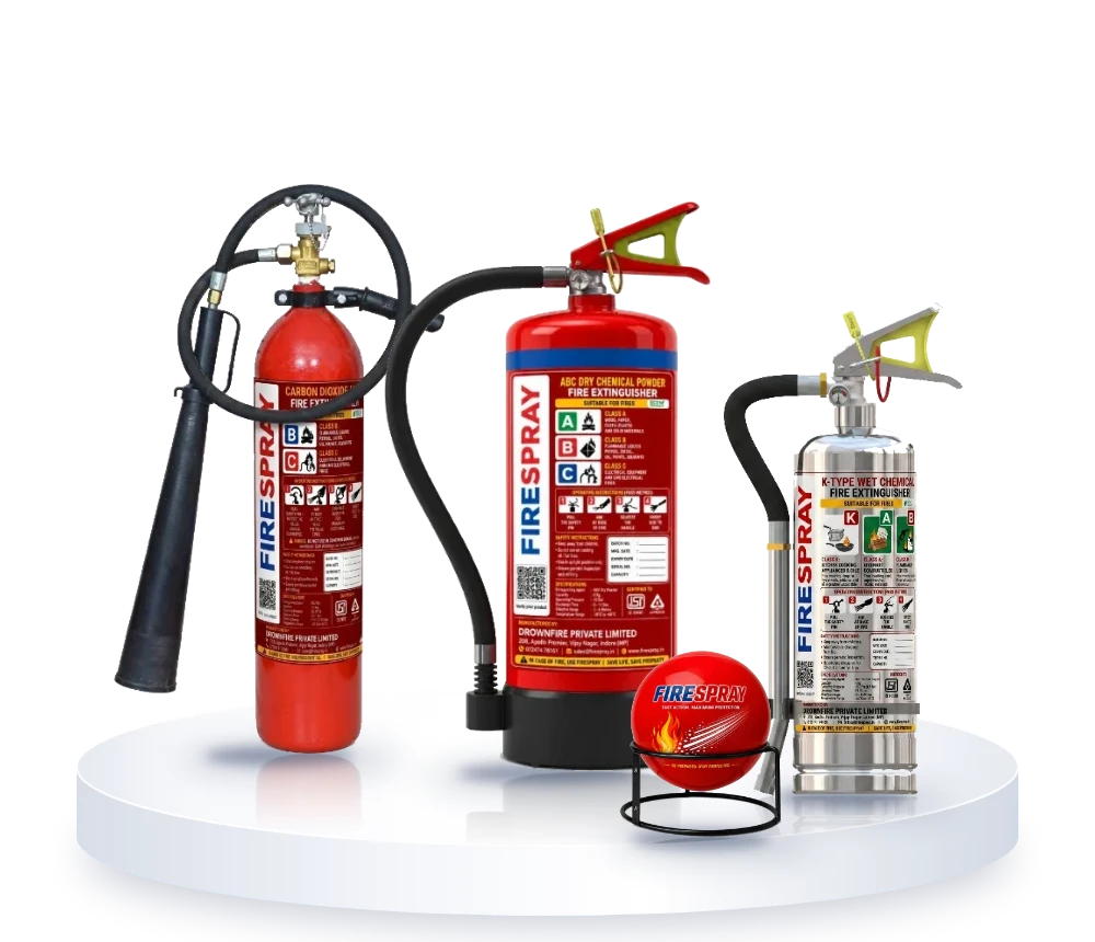 FireSpray CO2, ABC and K-type fire extinguishers and fire ball, made in India