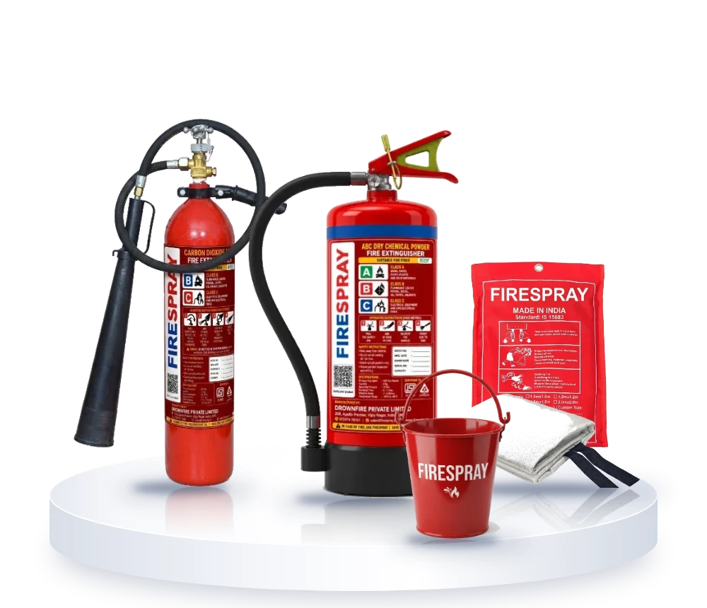 Fire safety equipment by FireSpray: CO2 and ABC extinguishers, fire blanket and fire bucket