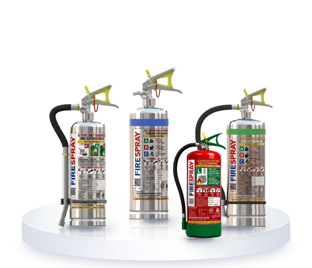 Metal (stainless steel) fire extinguishers by FireSpray: ABC, kitchen, clean agent and lithium