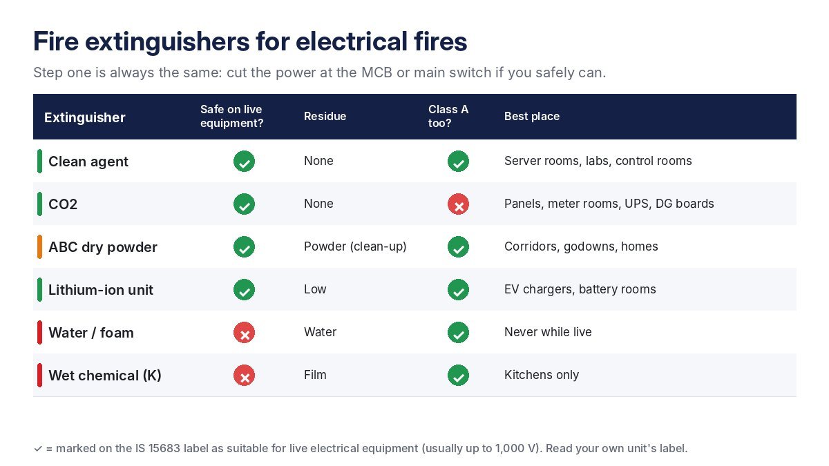 Chart comparing fire extinguishers for electrical fires in India: clean agent and CO2 safe with no residue, ABC powder safe but leaves powder, water, foam and wet chemical never on live equipment, with the right unit for panels, server rooms, inverters and EV chargers