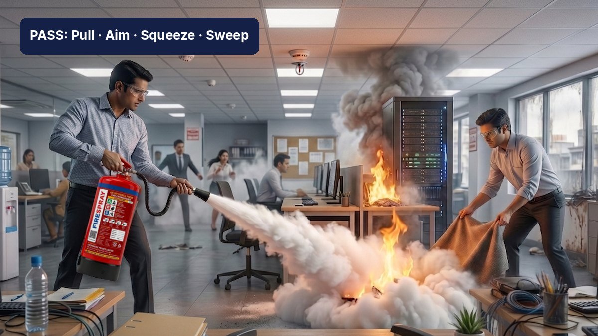 Office worker using a FireSpray 9 kg ABC dry powder fire extinguisher on a small desk fire, aiming the nozzle at the base of the flames while a colleague holds a fire blanket